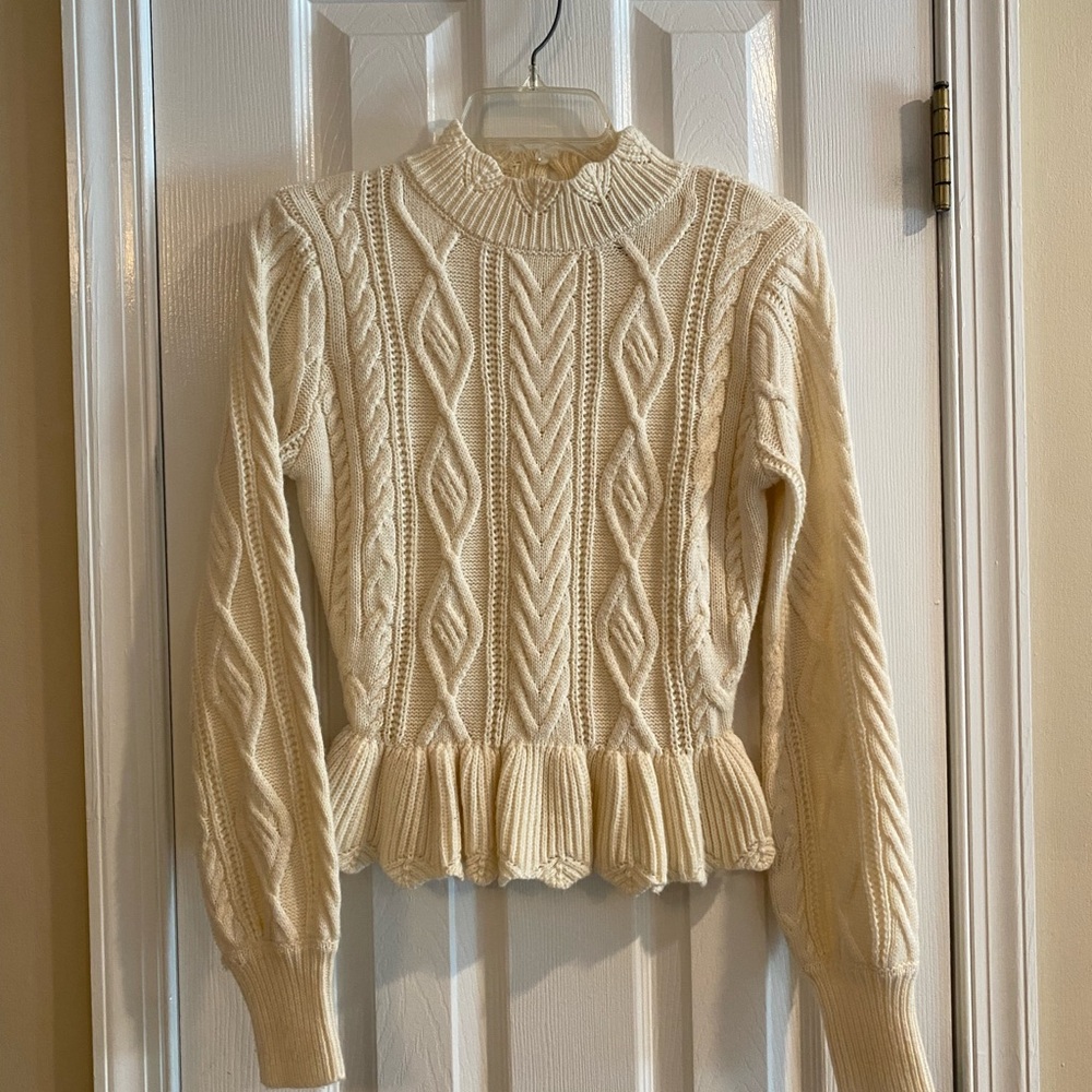 Aqua Cream Cable Knit Sweater with Peplum Hem